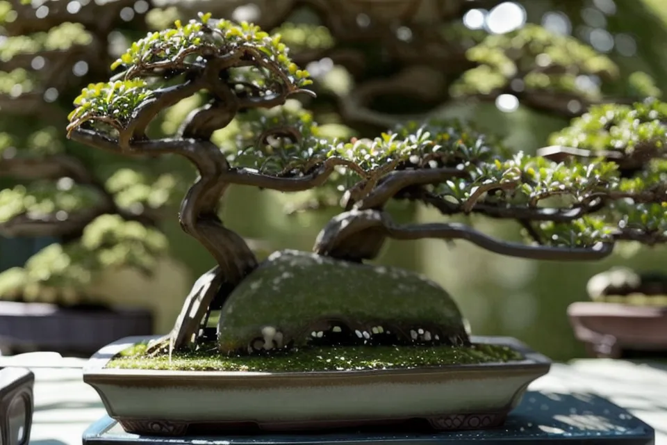 Jeunes feuilles d'érable du Japon bonsai, sensibles au soleil direct dans un coin de jardin pour bonsai débutant