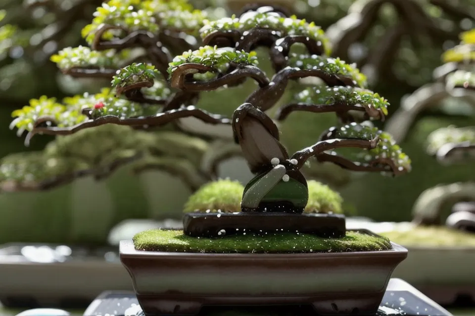 Banc en bois surélevé pour aménagement de jardin bonsai, pot fixé avec un fil d'ancrage