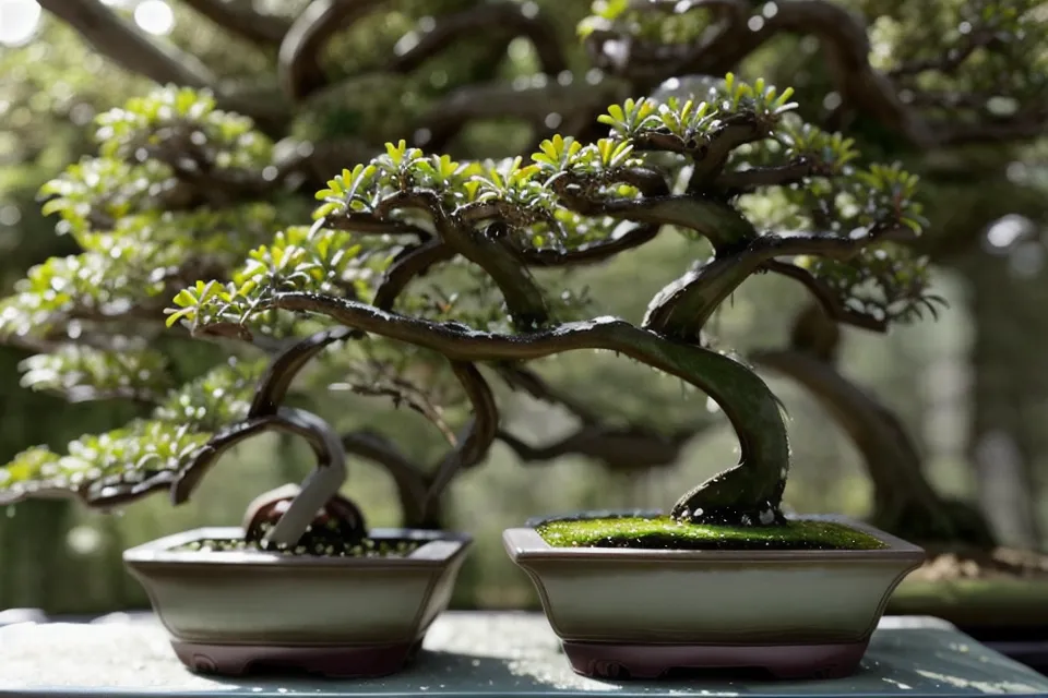 Carré de potager bio à côté d'un coin de jardin bonsai, pour un microclimat plus humide