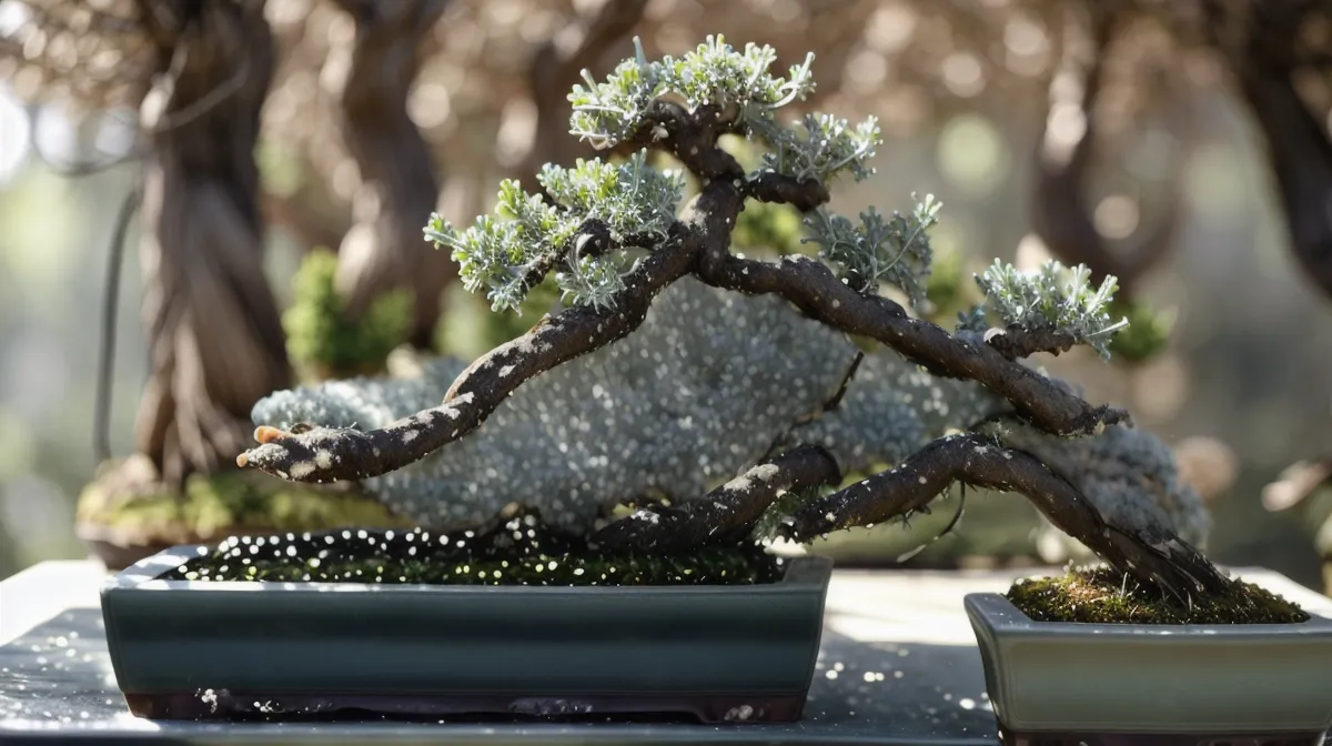 Ligature bonsai en douceur pour débutante : geste patient sur les branches d'un genévrier avant la pose du fil.
