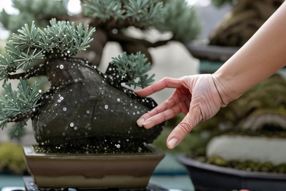 Mains examinant avec soin les branches souples d'un bonsai genévrier avant la ligature, premier geste pour une débutante.