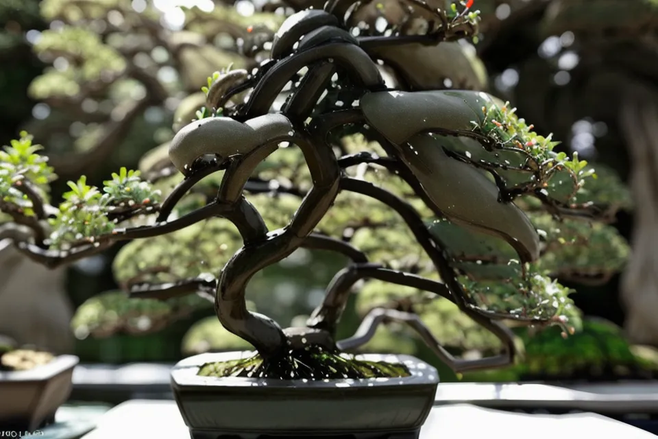 Gros plan sur une ligature bonsai en fil d'aluminium posée à 45 degrés, technique de patience-jardinage pour débuter.