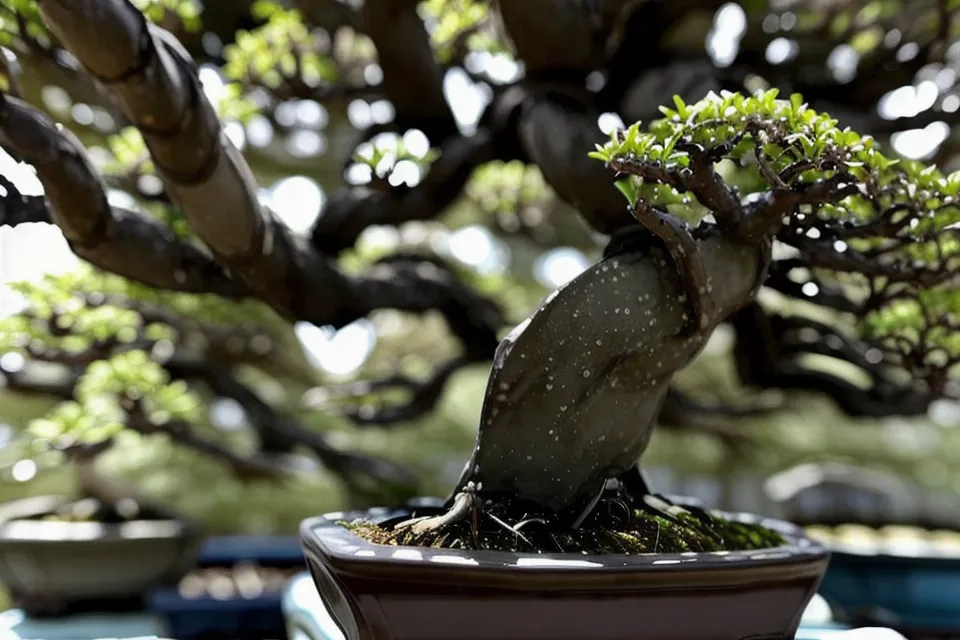 Détail d'une branche de bonsai montrant une cicatrice en cours de guérison après une ligature trop précipitée.