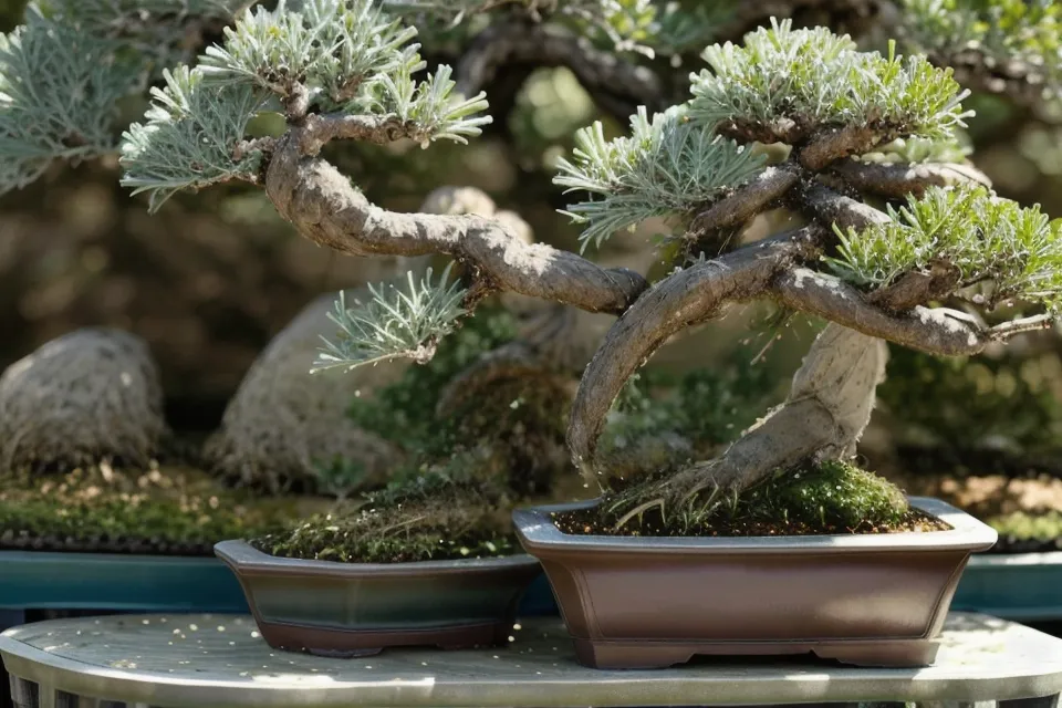 Bonsai genévrier après le retrait des fils de ligature, structure aérée obtenue avec douceur et sans précipitation.