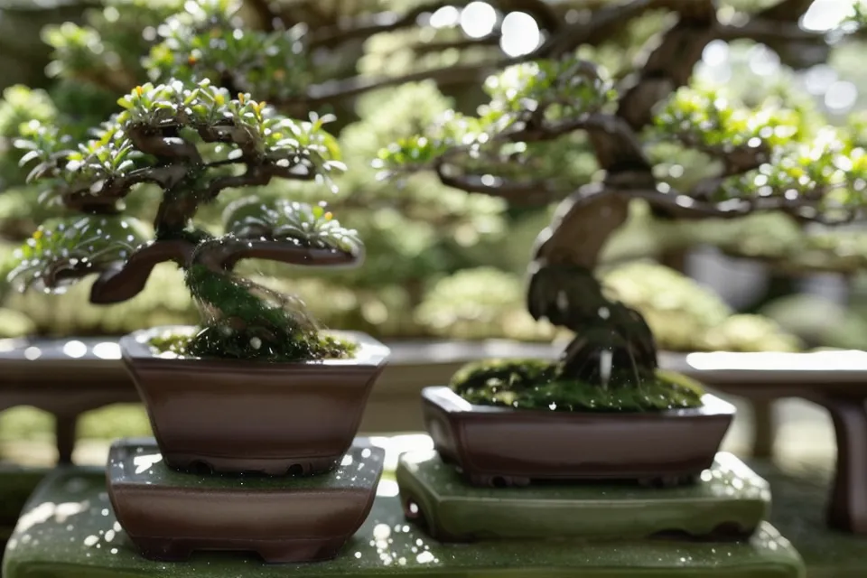Plateau de billes d'argile humides sous un pot de bonsai, méthode d'entretien pour l'hiver