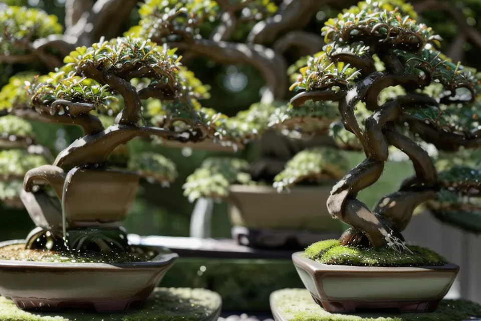 Plantes vertes regroupées près d'un bonsai débutant pour limiter l'air sec en intérieur