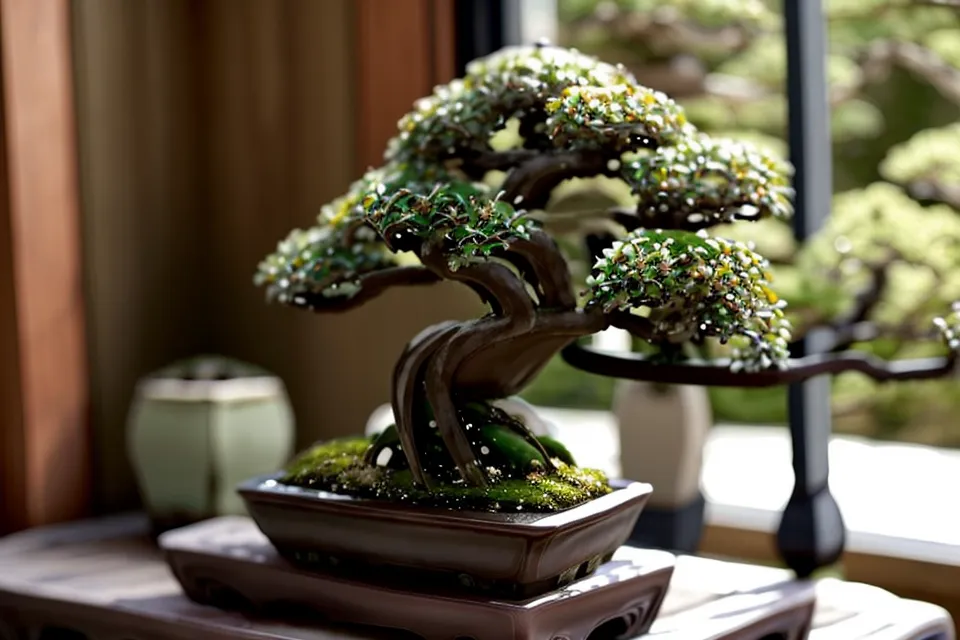 Petite branche fragile d'un bonsai d'intérieur asséché, entretien délicat pour débutant