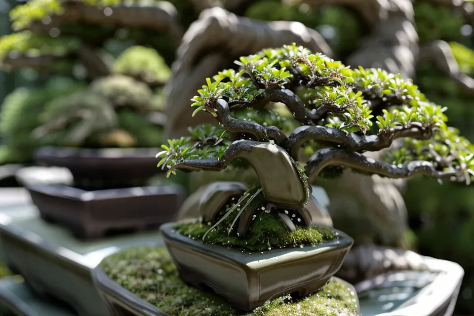 Pluie fine d'arrosage sur un bonsai d'intérieur, technique douce pour débutant