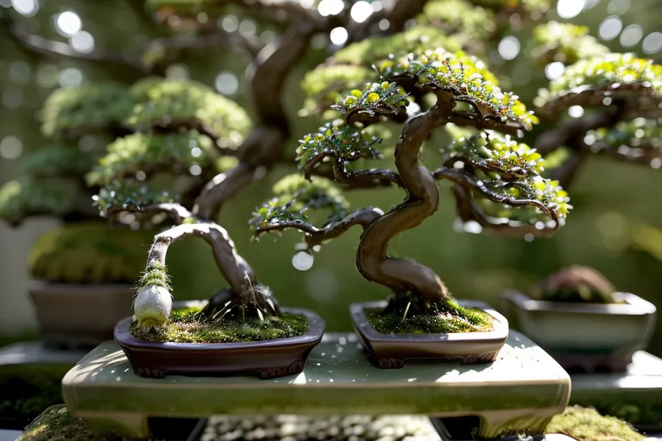 Carafe d'eau reposée avant l'arrosage d'un bonsai d'intérieur, habitude simple d'entretien