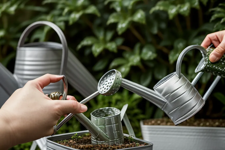 Arrosoir bonsai jet fin : main arrosant un petit bonsai en intérieur avec une pluie très fine