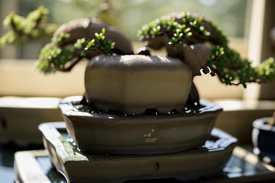Arrosage bonsai jet fin sur substrat akadama sec, sans érosion ni déplacement des grains
