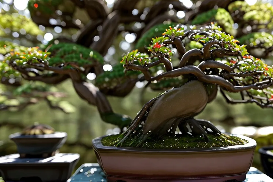 Bonsai en entretien d'automne sur un banc, arrosoir à jet fin posé à proximité