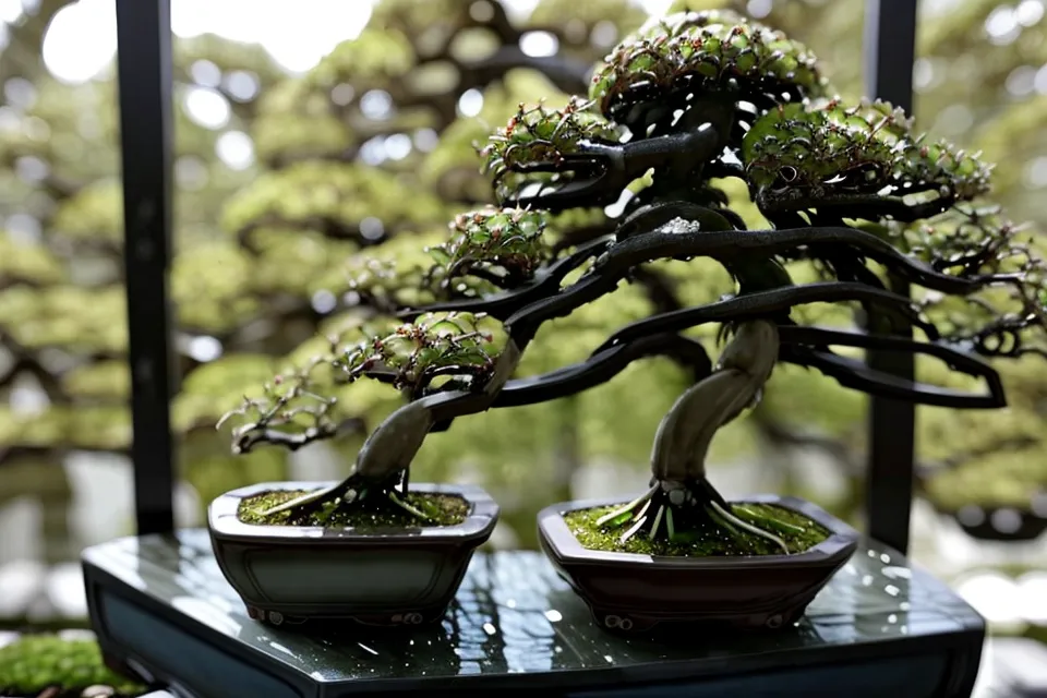 Bonsai fraîchement rempoté dans son nouveau pot en grès, en pleine forme au soleil de l'après-midi