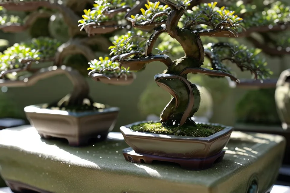 Coin de jardin calme avec plusieurs bonsais installés sur des supports en bois, chacun dans un pot de bonsai choisi avec soin