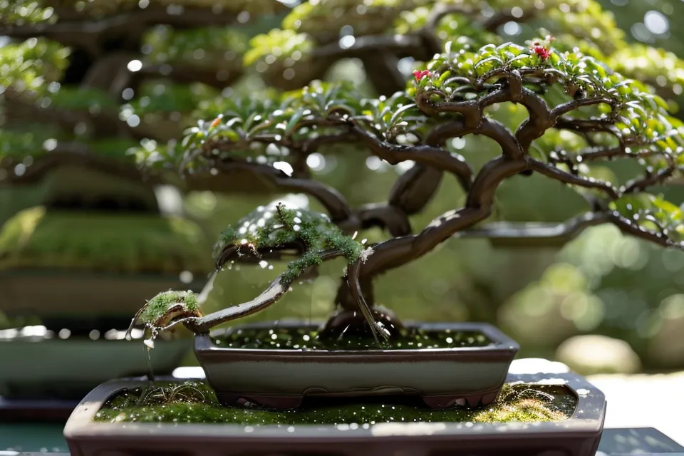 Petite collection de cinq bonsaïs sur une étagère en bois, résultat d'une approche patiente pour débuter une collection de bonsaï