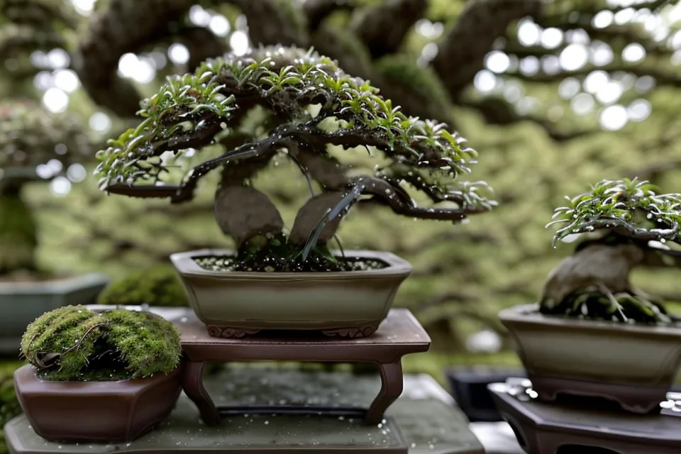 Jeunes pousses de mousse naturelle sur le substrat akadama d'un bonsai débutant