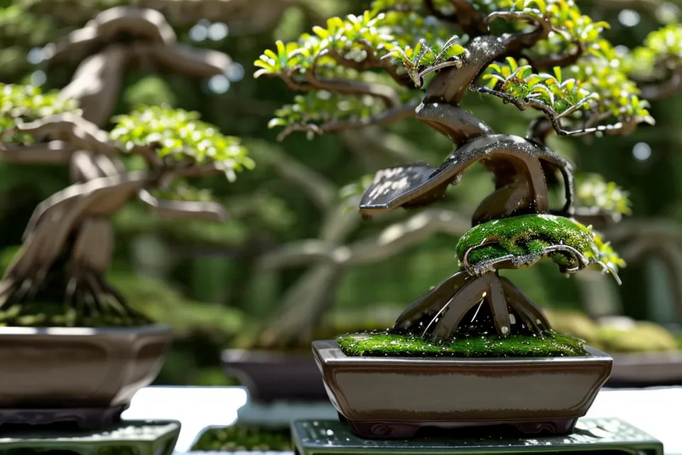 Filet de protection posé sur le pot d'un bonsai pour préserver la mousse naturelle des oiseaux