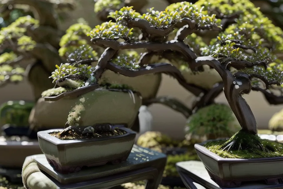 Taches blanches d'oïdium sur une feuille de jeune bonsai, à distinguer du calcaire