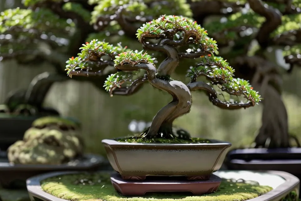 Bonsaï placé de façon asymétrique dans son pot, esthétique naturelle et équilibre visuel
