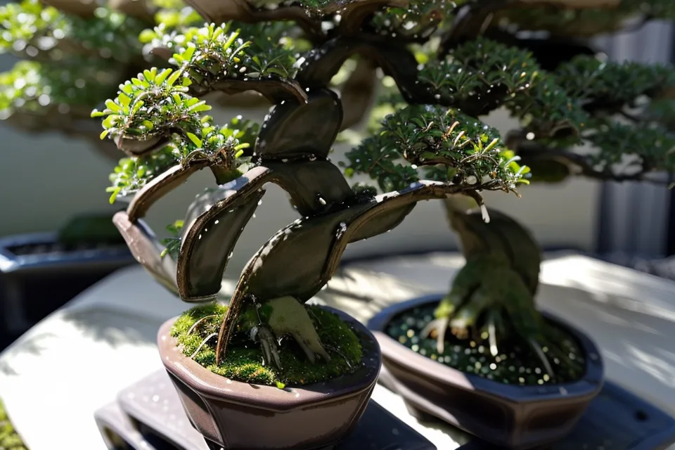Petit bonsaï Shohin installé dans un coin de jardin ombragé en été, exemple d'entretien extérieur pour un jeune arbre.