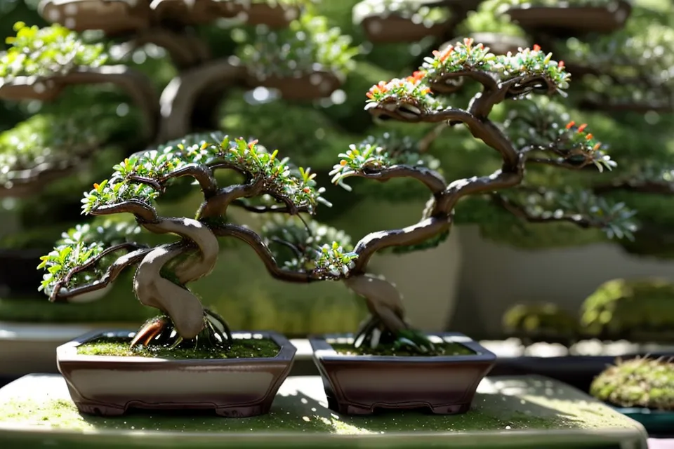 Une main effleurant une branche nue de bonsai en hiver, geste d'observation patiente pour un débutant