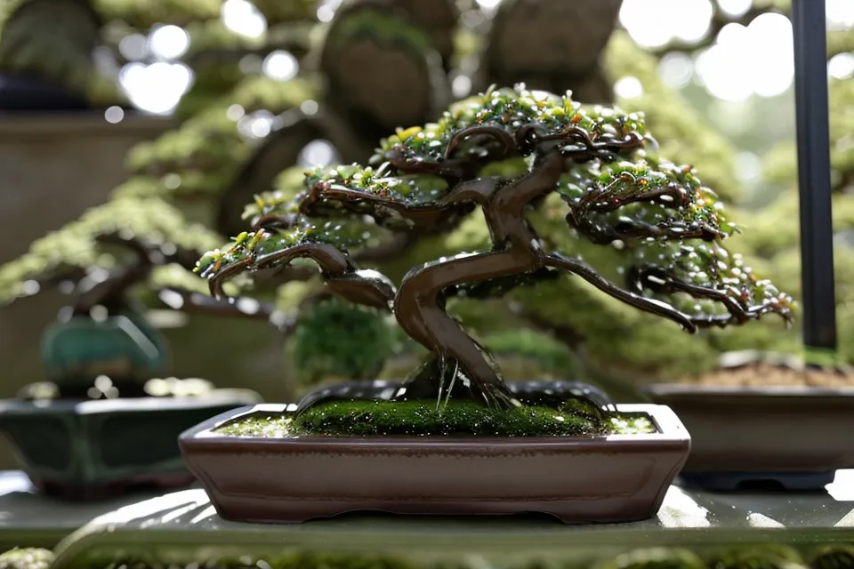 Ciseaux de taille de précision posés près d'une branche de bonsai, symbole de la lenteur nécessaire à chaque geste d'entretien