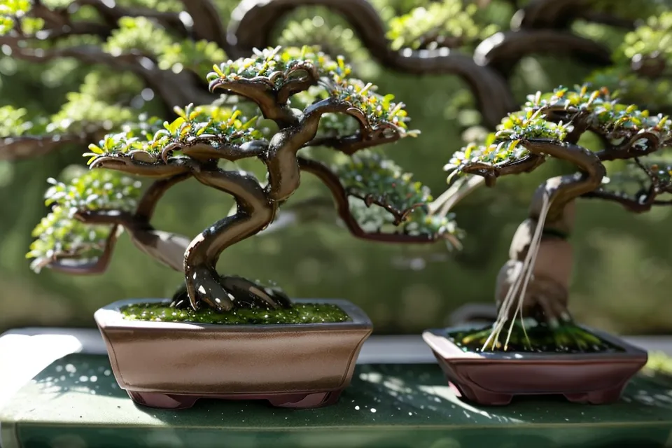 Nouvelles pousses d'un ficus bonsaï bien exposé à la lumière en intérieur