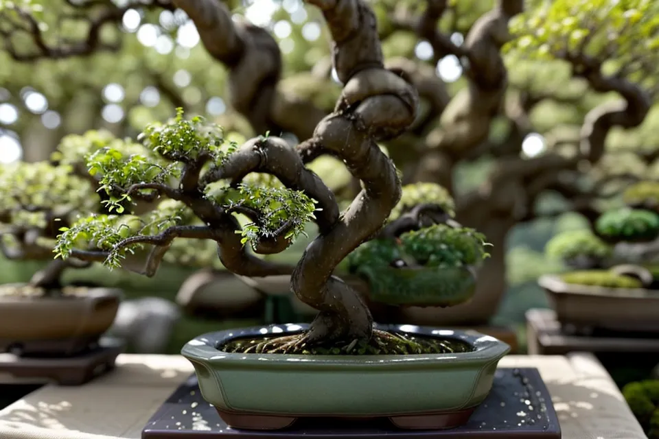 Coin de jardin avec bonsaïs sur bancs en lumière dorée, ambiance slow living
