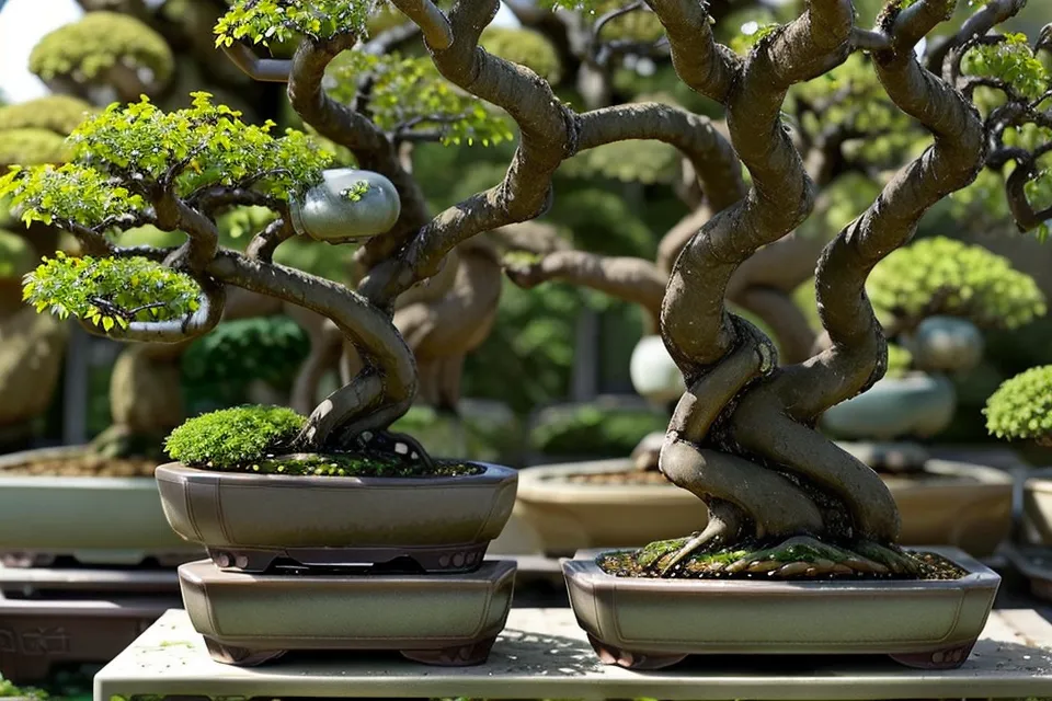 Cinq jeunes ormes de Chine en pots individuels, avant la création d'une forêt de bonsaï (yose-ue)