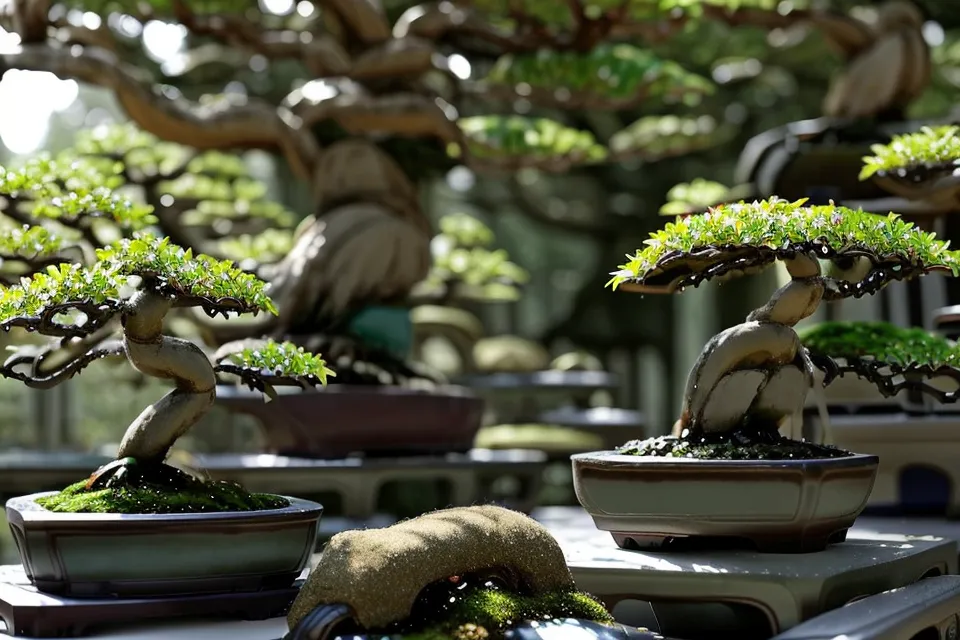 Forêt de bonsaï ormes de Chine en automne, mousse naturelle unifiant la composition harmonieuse