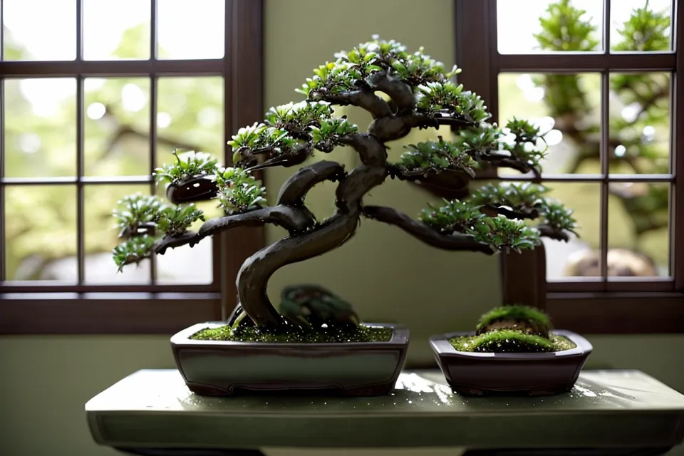 Plateau de billes d'argile humides pour maintenir l'humidité d'un bonsai en appartement pendant l'absence