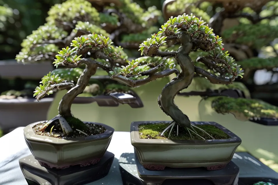 Bonsai débutant avec de nouvelles pousses vertes, signe qu'il a bien supporté l'arrosage pendant les vacances