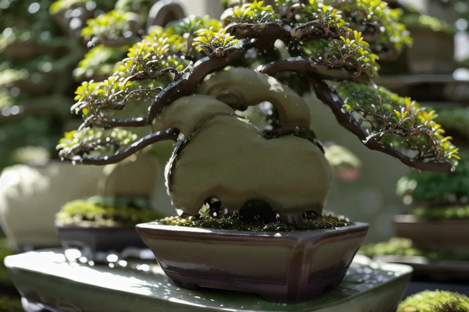 Bonsai d'orme de Chine posé entre des plants de tomates cerises dans un potager généreux en culture extérieure