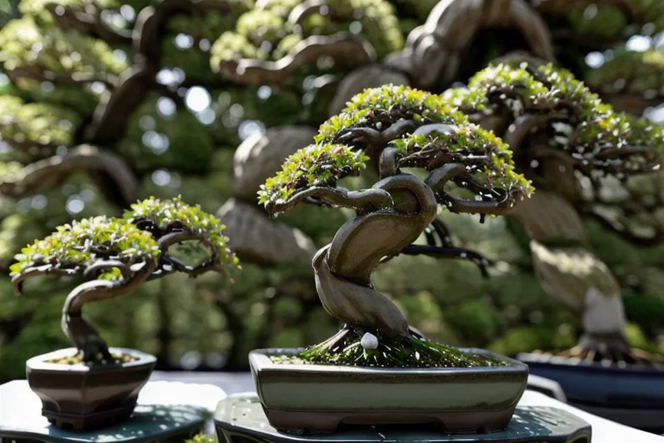 Pot de bonsai surélevé sur un support en bois installé au milieu d'un potager pour protéger les racines