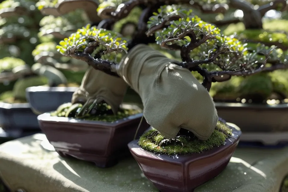 Mousse verte se développant sur le terreau d'un bonsai grâce à l'humidité d'un potager généreux