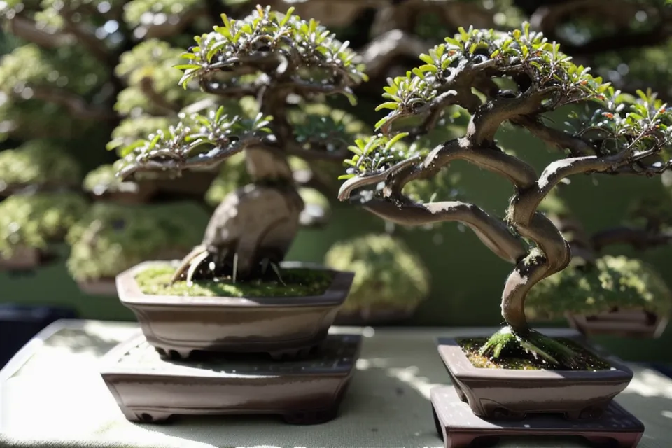 Mains taillant avec douceur un bonsai débutant devant un rideau de tournesols en fleurs