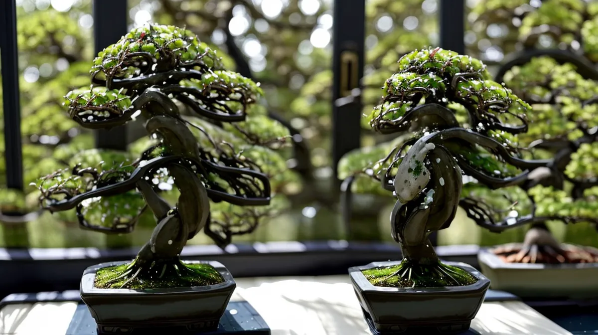 Pincement de printemps sur un bonsai débutant, main effleurant une jeune pousse verte