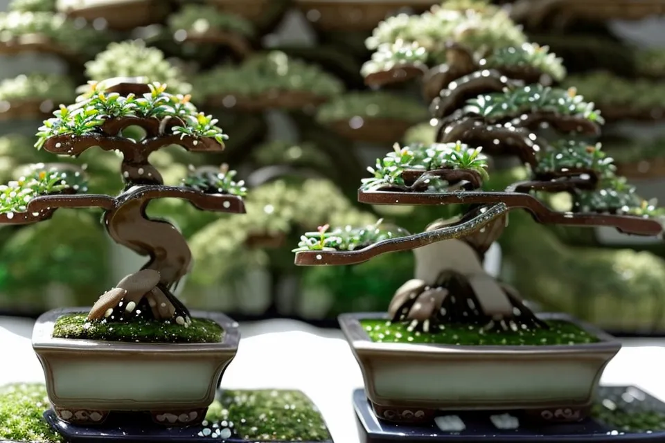 Collection de bonsai débutant réunissant feuillus et conifères sortant de dormance hivernale