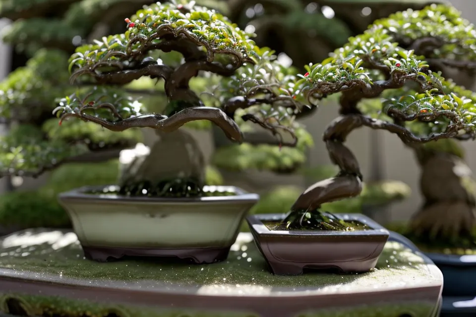 Pincement manuel d'une jeune pousse de bonsai feuillu entre les doigts au printemps