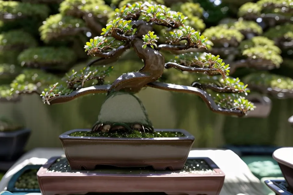 Branche de bonsai montrant deux paires de feuilles après un pincement de printemps précis