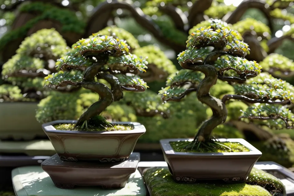 Feuillage dense et équilibré d'un bonsai en été après l'entretien végétal du printemps