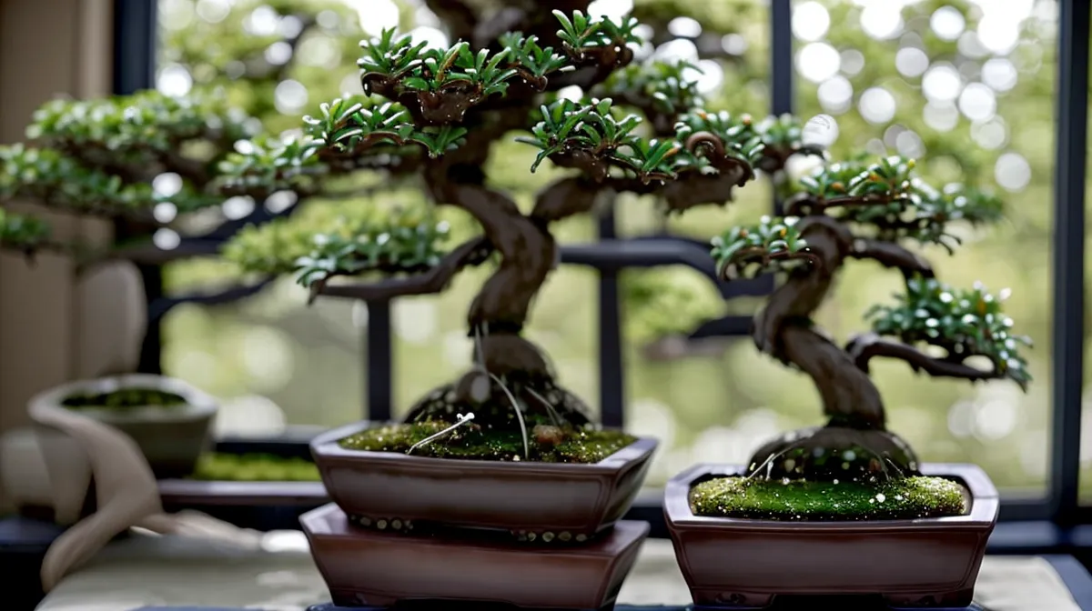 Philosophie slow et calme intérieur : un bonsai débutant sur un rebord de fenêtre lumineux