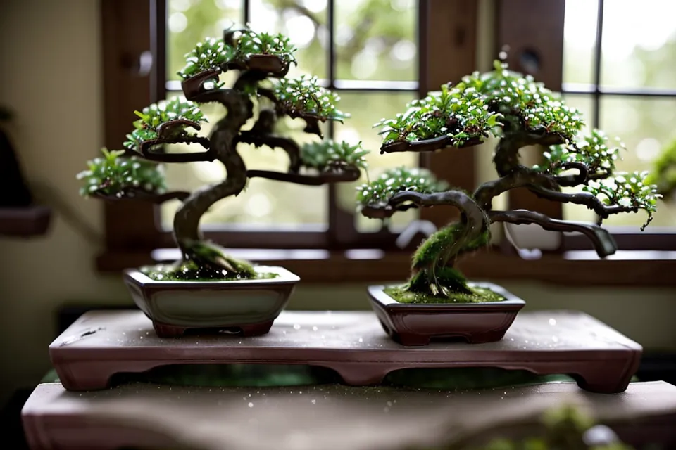 Entretien du bonsai au quotidien : mains soignant délicatement les feuilles d'un jeune arbre