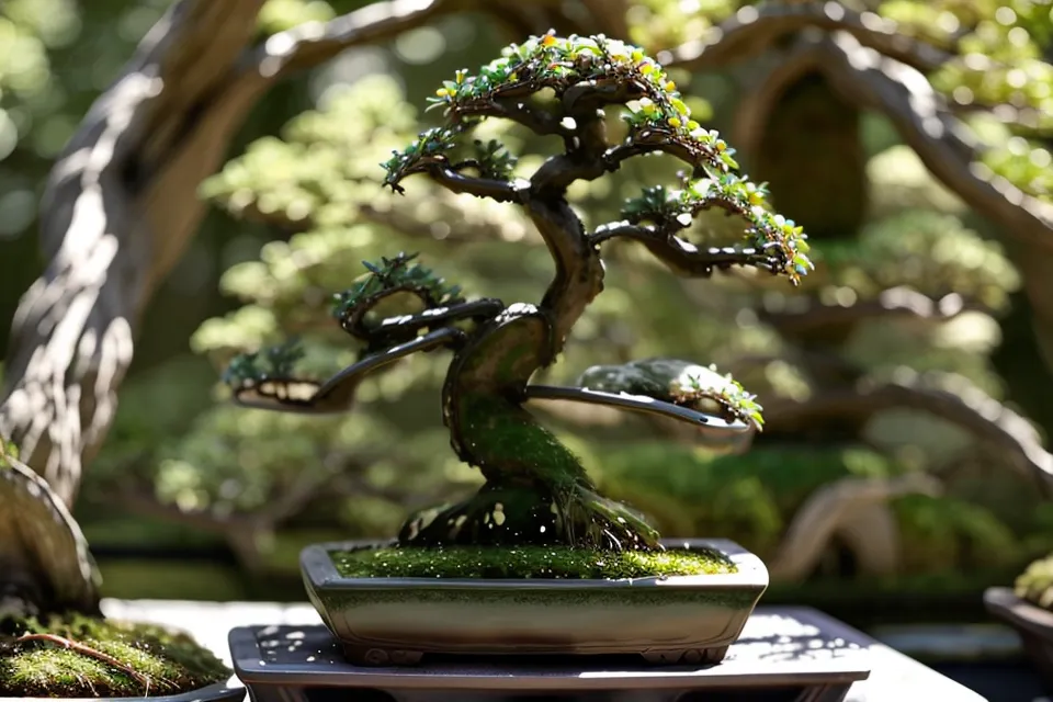 Texture granuleuse de la terre akadama dans un pot de bonsai en céramique, repère d'arrosage pour bonsai débutant