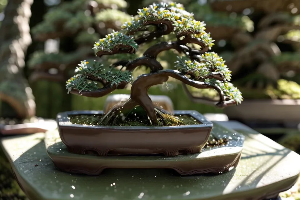 Ciseaux de taille de bonsai posés près d'une branche marquée par une cicatrice de taille