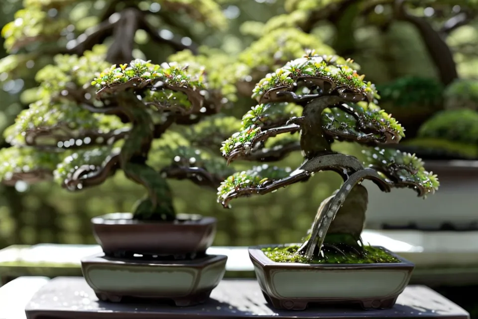 Bonsaï en pot plat, nebari évasé et ancrage racinaire visible en intérieur