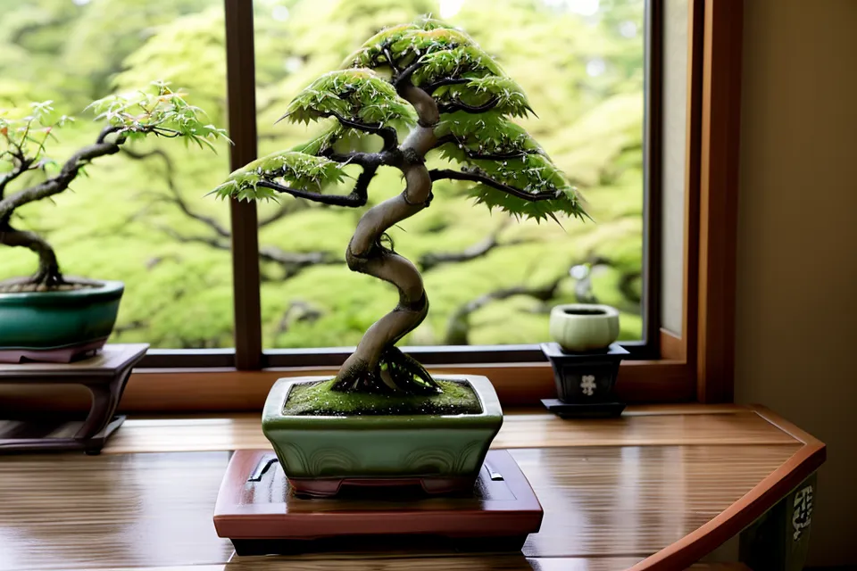 Carnet de jardinage réflexif posé près d'un pot de bonsaï érable du Japon en hiver