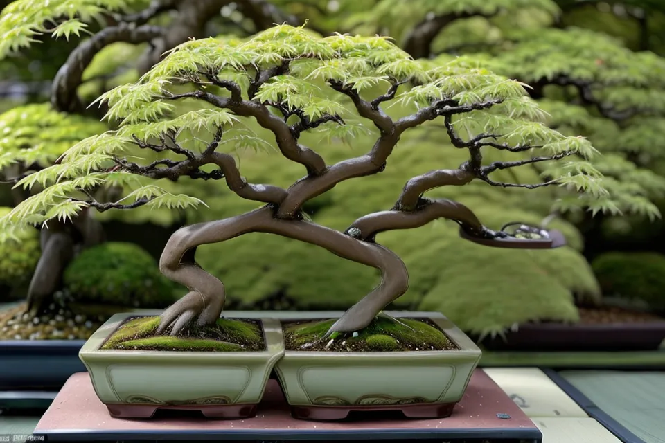 Bourgeons rouges d'un érable du Japon qui s'ouvrent au printemps sur un bonsaï en pot