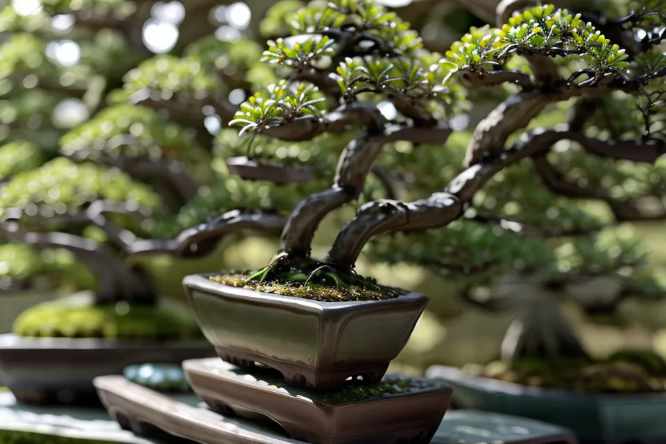 Gros plan sur les bouquets de cinq aiguilles d'un pin blanc japonais bonsai, un repère pour bien le reconnaître