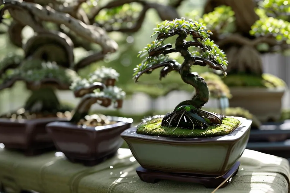 Pin blanc japonais bonsai protégé du vent et du soleil d'été